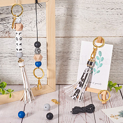 DIY キーホルダー リストレット作成キット  合金分割キーリングとクラスプを含む  アイウッドとシリコンマーブル模様のビーズをあしらった八角形  PUビッグタッセルペンダント  白黒&nbsp;DIY-TA0004-40