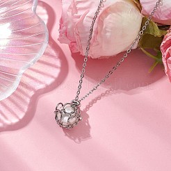 丸いシェルパールマクラメポーチペンダントネックレス  女性用304ステンレススチールアズキチェーンネックレス  ステンレス鋼色  17.40インチ（44.2cm）&nbsp;NJEW-JN04955-02