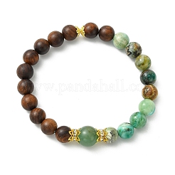 Natural African Padauk Wood & Green Line Jasper Beaded Stretch Bracelets for Women&nbsp;BJEW-JB14100-02