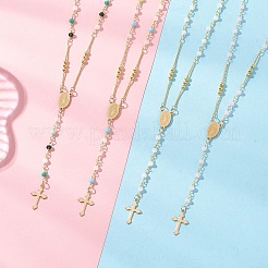 Faceted Glass and Brass Rosary Bead Necklaces&nbsp;NJEW-JN05672