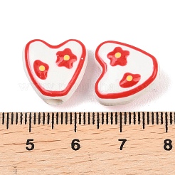 手作りの陶器ビーズ  手描きの陶器ビーズ  ハート  光沢釉の磁器  花  14~15x14~15x7~8mm  穴：3mm&nbsp;PORC-P035-01A-05