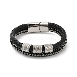 編みこみレザーマルチ連ブレスレット  316サージカルステンレススチールと304ステンレススチールの金具付き  ステンレス鋼色  8-1/4インチ（21cm）&nbsp;BJEW-Z081-15P