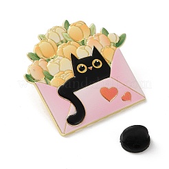 黒猫と花のエナメルピン  バックパック用合金ラペルピンバック  ゴールド  ピンク  38x40mm&nbsp;JEWB-Z048-09G-02