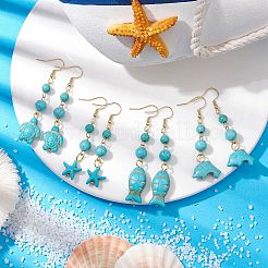 オーシャンシリーズ 合成ターコイズ ダングルイヤリング  女性用304ステンレスジュエリー  ヒトデ イルカ 魚 カメ  混合図形  62~69x12~14mm  4ペア/セット&nbsp;EJEW-JE05849