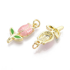 真鍮製エナメルペンダント  丸カン付き  カドミウムフリー＆鉛フリー  花のチャーム  18KGP本金メッキ  22.5x11.5x4mm  穴：3.5mm&nbsp;KK-N268-85G