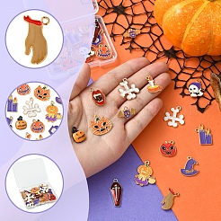 30個15スタイルアロイエナメルペンダント  ハロウィンモチーフ  ライトゴールド  混合図形  ミックスカラー  11~25.5x11~20x1.5~3mm  穴：1~1.8mm  2個/スタイル&nbsp;ENAM-FS0001-90