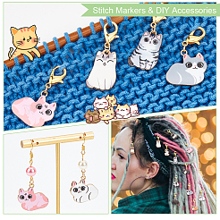 猫のステッチマーカー  合金エナメルかぎ針編みカニカンチャーム  ロッキングステッチマーカー、ワイングラスチャームリング付き  ミックスカラー  3.9~4.2cm  12スタイル  1個/スタイル  12個/セット&nbsp;HJEW-AB00278