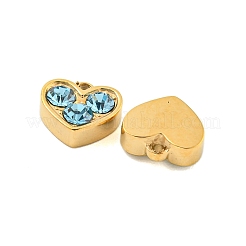 304ステンレスペンダント  ラインストーン付き  ハートチャーム  14KGP本金メッキ  アクアマリン  7x8x3mm  穴：1mm&nbsp;STAS-L080-001G-02