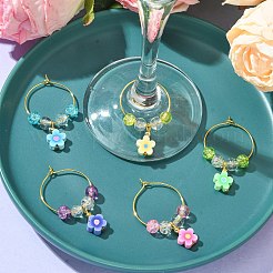 手作りポリマークレイの花のワイングラスのチャーム  ガラスビーズと真鍮のワイングラスチャームリング付き  ミックスカラー  44mm&nbsp;AJEW-JO00233
