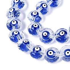 ガラスエナメルビーズ連売り  ナザールボンジュウ模様とフラットラウンド  多面カット  ブルー  10x6~8mm  穴：1~1.2mm  約35個/連  12.99~13.39インチ（33~34cm）&nbsp;GLAA-Q112-01A-02