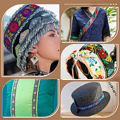 エスニックスタイルの花柄刺繍ポリエステルリボン  ジャカードリボン  服飾材料  ブルー  1-3/8インチ（33.5mm）  約7.66ヤード（7m）/バンドル&nbsp;OCOR-WH0104-04A