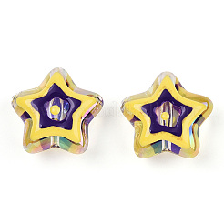 UVメッキレインボー虹色アクリルビーズ  手描きのビーズ  エナメル  スター  きいろ  19x20x9mm  穴：2mm&nbsp;OACR-A018-04C