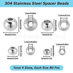 320個 4スタイル 304ステンレススチールスペーサービーズ  ラウンド  ステンレス鋼色  3~6x2~5mm  穴：1.5~2.5mm  80個/スタイル&nbsp;STAS-SC0006-88
