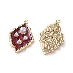 エナメルチャーム  真鍮パーツとアクリルパール  18KGP本金メッキ  菱形  レッド  19.5x12.3x4mm  穴：1mm&nbsp;KK-G377-04A-03