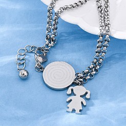 304ステンレススチールマルチ連リンクブレスレット  女性用ローロチェーンブレスレット  フラットラウンドとアーメンの文字と女の子のチャーム付き  ステンレス鋼色  6-3/4インチ（17cm）&nbsp;BJEW-A036-06P