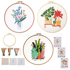 3セット3スタイルのDIY刺繍スターターキット  プラスチック模造竹クロスステッチ刺繍フープ1個付き  サボテンと花と植物  ミックスカラー  240~290x240~290mm&nbsp;DIY-TA0006-67