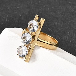 304ステンレススチールマイクロパヴェキュービックジルコニアオープンカフリング女性用  ゴールドカラー  スティック  usサイズ7 1/4(17.5mm)&nbsp;RJEW-K258-12B-G