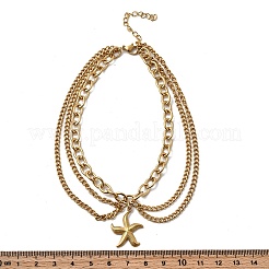 Summer Beach 304 Stainless Steel Starfish Charm 3 Layer Anklets for Women&nbsp;AJEW-F069-01G