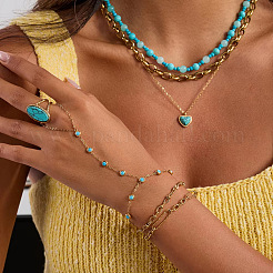 304 Stainless Steel Pave Synthetic Turquoise Link Ring Bracelets&nbsp;LS-VX6527