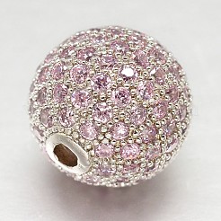 CZ真鍮製マイクロパヴェキュービックジルコニアラウンドビーズ  プラチナ  8mm  穴：2mm&nbsp;ZIRC-L017-8mm-16P