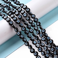 手作りナザールボンジュウランプワークフラットラウンドビーズ連売り  ブラック  6x3mm  穴：1mm  約65個/連&nbsp;LAMP-L058-6mm-18