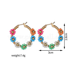 Flower Brass Glass Seed Beaded Hoop Earrings&nbsp;FS-WG0698E-01