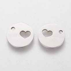 変色しない201ステンレススチールチャーム  ハート付きフラットラウンド  ステンレス鋼色  11.8x1mm  穴：1.5mm&nbsp;STAS-Q201-T146