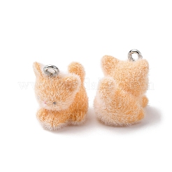 動物のフロッキング樹脂ペンダント  プラチナ鉄ループ付き  猫の形  16x14x17mm  穴：1.8mm&nbsp;LS-RESI-A049-03A