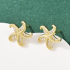 真鍮マイクロパヴェキュービックジルコニアペンダント＆スタッドピアスセット（女性用）  18KGP本金メッキ  ヒトデ  12x12.5mm  20.5x18x3mm  穴：5x3.4mm&nbsp;SJEW-F227-01A-G