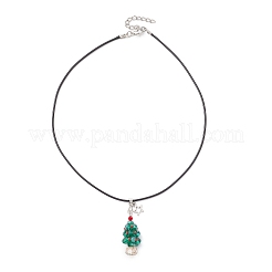 Electroplate Glass Beaded Dark Cyan Christmas Tree & Alloy Star Pendant Black Waxed Cotton Cord Necklaces&nbsp;NJEW-MZ00123-02