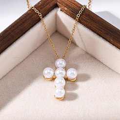 304ステンレススチールとプラスチックの模造真珠クロスペンダントネックレス（女性用）  イオンプレーティング（ip）  18KGP本金メッキ  15.73インチ（39.95cm）&nbsp;NJEW-U032-15G
