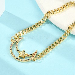 真鍮マイクロペーブクリアキュービックジルコニアリンクブレスレット  女性用キューバチェーンジュエリー  18KGP本金メッキ  ムーン  7-3/8インチ（18.7cm）  ペンダント：30x20x4mm&nbsp;LS-BJEW-M050-03G-01