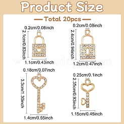 20本4スタイルアロイペンダント  クリスタルラインストーン付き  キー/ロックチャーム  ライトゴールド  21~33x11~14x2~2.5mm  穴：1.8~2.5mm  5個/スタイル&nbsp;ALRI-YW0001-41
