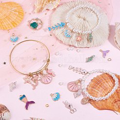 DIYの海をテーマにしたブレスレットバングル作成キット  フィッシュボーン＆スパイラルシェル＆マーメイド合金エナメルペンダントを含む  プラスチックパールビーズ  拡張可能なバングル  ミックスカラー  164個/箱&nbsp;DIY-SZ0009-35