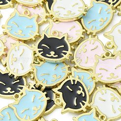 40本4色合金エナメルペンダント  ゴールドカラー  猫の頭のチャーム  ミックスカラー  17.5x14x1.7mm  穴：1.4mm  10個/カラー&nbsp;ENAM-CJ0004-16