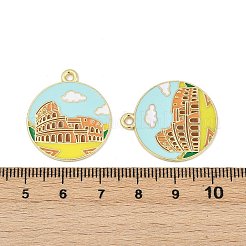 合金エナメルチャーム  ゴールドカラー  ローマコロッセオのチャームが付いたフラットラウンド  ライトシアン  26x23x1mm  穴：1.8mm&nbsp;ENAM-V001-02A-G