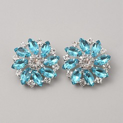 1穴真鍮シャンクボタン  ラインストーンとガラスと  衣服の装飾  花  シアン  26x26x10mm  穴：2mm&nbsp;BUTT-WH0028-51B