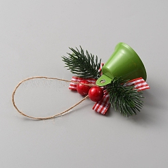 プラスチック製の葉っぱの吊り下げ装飾が施されたクリスマス鉄の鐘  ポリエステル蝶結び付き  クリスマスツリーのペンダントの装飾用  黄緑  115mm&nbsp;FIND-WH0126-146C