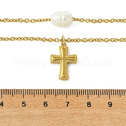 天然パールと304ステンレススチール製のペンダントが付いた、女性向けの二重構造ネックレス  ゴールドカラー  ホワイト  クロス  16.61インチ（42.2cm）  ペンダント：19x13x3mm&nbsp;NJEW-JN06211-01