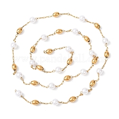 304 Stainless Steel Barrel Bead & ABS Plastic Pearl Round Bead Cable Chains&nbsp;CHS-G048-02G