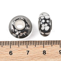 ランプワークと真鍮芯のヨーロピアンビーズ  大穴ビーズ  花とロンデル  ブラック  15x7.5mm  穴：4mm&nbsp;LAMP-P019-01P-08
