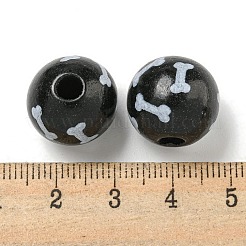 プリントウッドヨーロピアンビーズ  骨模様の丸い  ブラック  15.5~16mm  穴：4~4.5mm&nbsp;WOOD-G022-04B