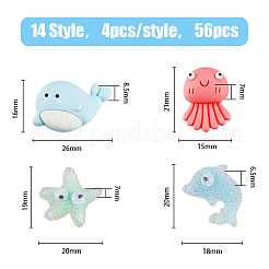 56個、14種類のスタイルの海洋テーマ不透明樹脂カボション  魚＆タコ＆ヒトデ＆シェル  混合図形  ミックスカラー  12~27x13~33.5x6~8.5mm  4個/スタイル&nbsp;CRES-HY0001-02