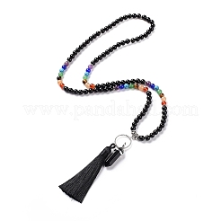 Natural Obsidian Bullet & Tassel Pendant Necklace with Mixed Gemstone Beaded Chains&nbsp;NJEW-E585-02A