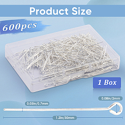 600本ブラスアイピン  カドミウムフリー＆鉛フリー  銀  21ゲージ  30x0.7mm  穴：2mm&nbsp;KK-SP0001-69B-S