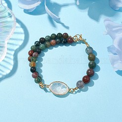 丸い天然インディアンアゲートビーズブレスレット  女性用真鍮パヴェクォーツクリスタルオーバルリンクブレスレット  8-1/8インチ（20.5cm）&nbsp;BJEW-JB10543