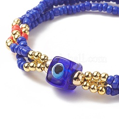 3Pcs 3 Color Evil Eye Lampwork & Glass Seed & Brass Beaded Triple Layer Multi-strand Bracelets Set for Women&nbsp;BJEW-JB09252