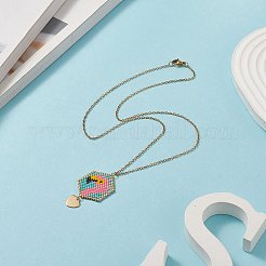 ガラスシード編み込み六角形フラミンゴペンダントネックレス  女性用ゴールデン 304 ステンレススチール ジュエリー  ゴールドカラー  17.72インチ（45cm）&nbsp;NJEW-MZ00014