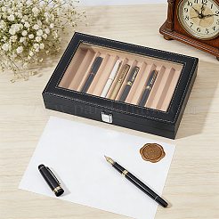Black PU Leather Pen Organizer Boxes with Clear Glass Visible Window Lid&nbsp;CON-WH0107-129A