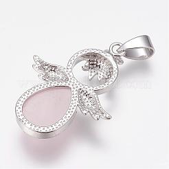 天然石ローズクォーツペンダント  天使  真鍮のパーツと  プラチナ  34x25.5x4.5~6.5mm  穴：4~5x7mm&nbsp;G-G651-A10